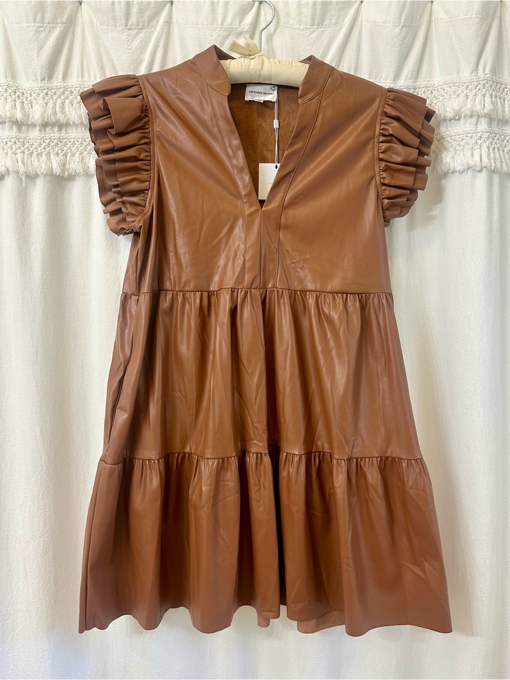 Lavender Brown Tiered Faux Leather Ruffle Sleeve Dress